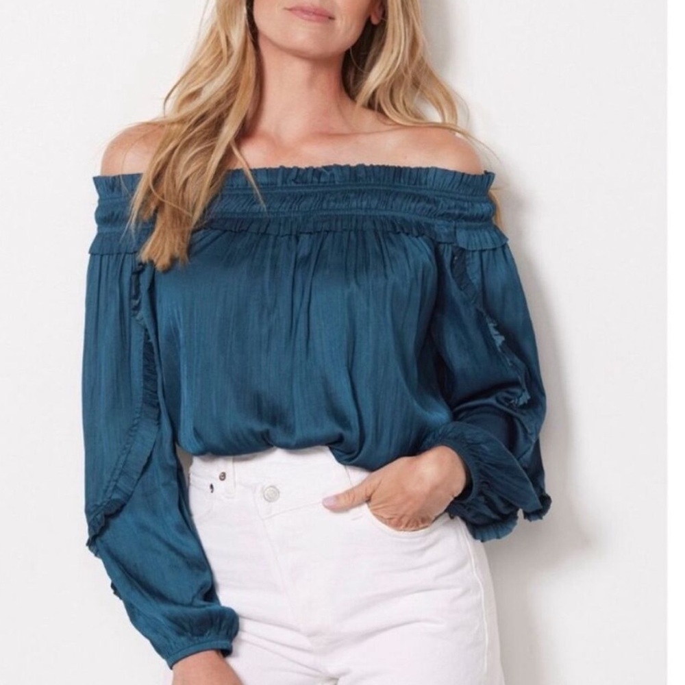 Evereve Satin Blouse Womens Blue Green Amari Off Shoulder Crinkle Top S …